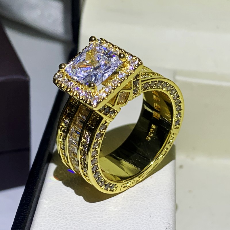 Rulalei Sparkling Jewelry Sterling Sier&Gold Fill Princess Cut White Topaz CZ Dia Gemstones Women Wedding Band Ring Gift