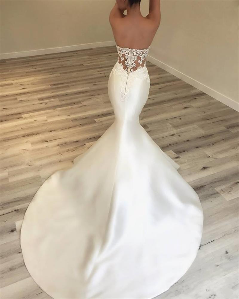 elegant satin mermaid wedding dresses sexy sweetheart lace appliques beaded beach bridal gowns graceful french backless wedding dress