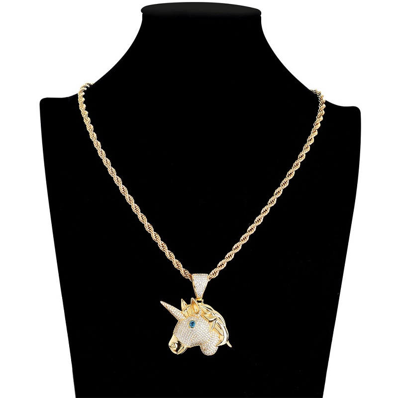 Fashion- Hip Hop Necklace New Gold Unicorn Pendent Necklaces Ice Out Gold Plated Pendant Necklce Hiphop Jewlery