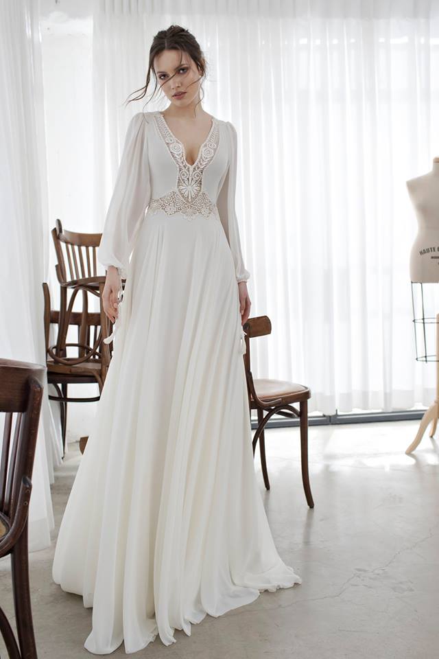 Asaf Dadush 2019 Wedding Dresses Long Sleeve V Neck Lace Chiffon Boho Bridal Gowns A Line Bohemian Beach Plus Size Wedding Dress