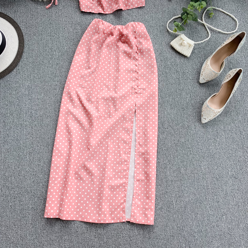 New Women Beach 2 Piece Sets Summer Spaghetti Strap Ctop Tops Slim Skirt Dot Printed Suits Woman Sweatsuit Pink Outfit Clothes