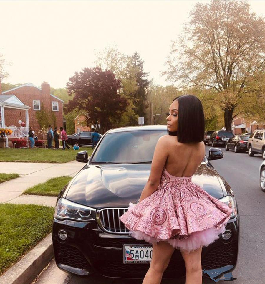 Pink Halter Neck Cocktail Party Dresses Sleeveless Lace Sequined Short Puffy Prom Evening Gowns Backless African Special Occasion Dress
