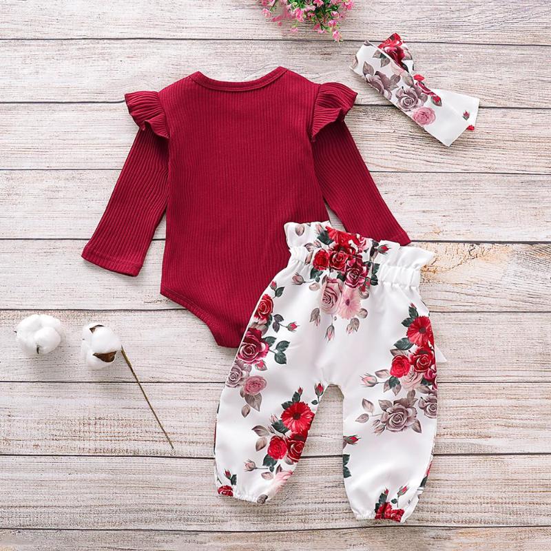 2020 new baby girl Solid Color Tops Clothing Newborn Kids Baby Girls Outfits Clothes Romper Bodysuit+Flower Printed Pants Set