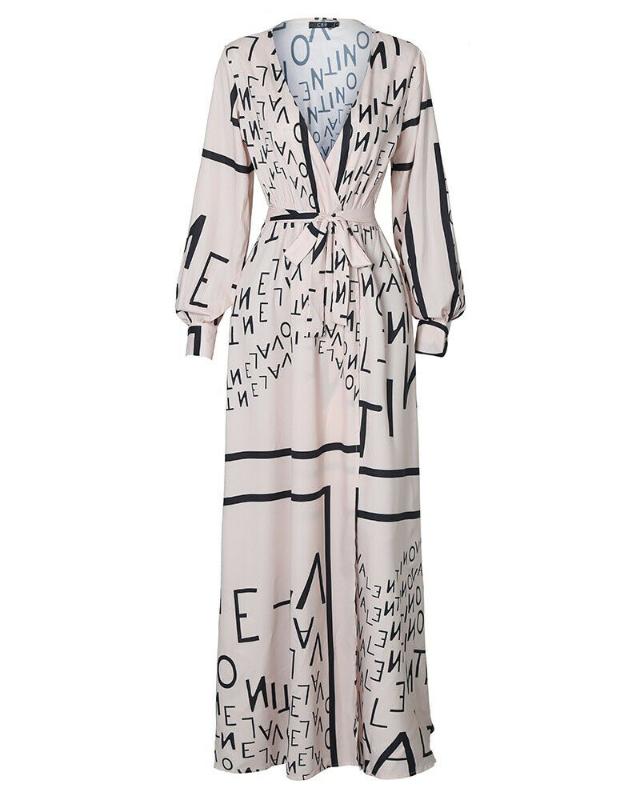 Women's Retro Vintage Boho Long Sleeve Deep V-Neck Letter Loose Print Splited Long Maxi Dresses Every Cocktial Party