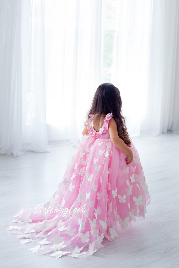 Butterfly Tutu Flower Girl Dresses Sweep Train Jewel Neck Backless Girls Princess Dress Custom Made Cute Christmas Gowns With Petticoat