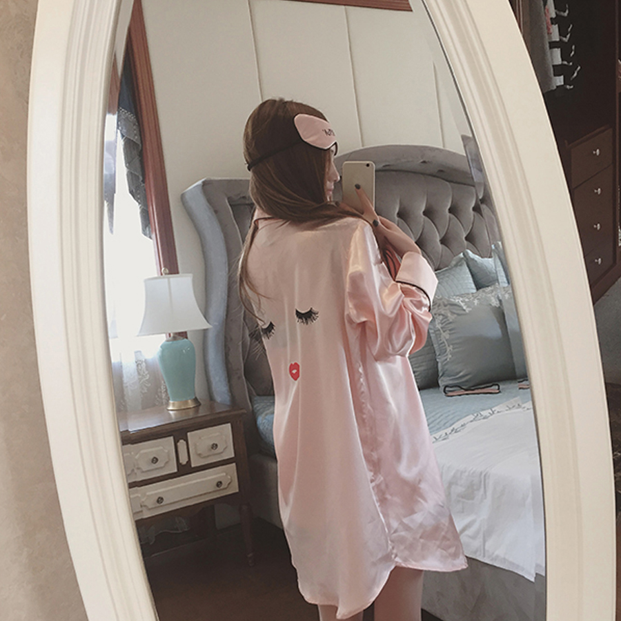 Summer Cartoon Satin Pajamas Sets Women 4pcs/set Long Sleeve Tops Camisole Shorts Eye Mask Home Clothing Sexy Sleepwear Mujer