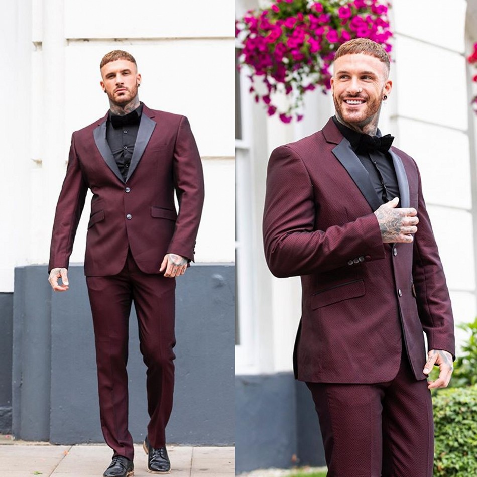 Burgundy Groom Wedding Tuxedos Men Groomsmen Suits Peaked Lapel Slim Fit Two Button Prom Party Dinner Blazer Jacket (Jacket+Pants)