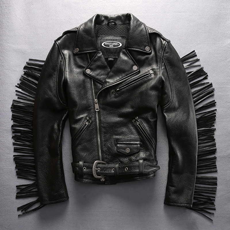 Tassel Motorcycle Men's with belt Rock Stylish Genuine leather coat Men Short Slim Fit Cowhide biker Jacket male, Black
Tassel Motorcycle Men's with belt Rock Stylish Genuine leather coat Men Short Slim Fit Cowhide biker Jacket male, Black