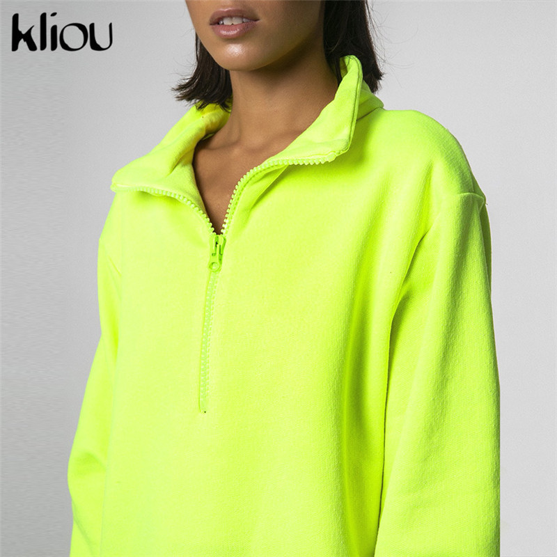 Kliou 2019 New Women Full Sleeve Zipper Fly Turtleneck Loose Sweatshirts Long Length Workout Street Hoodies Casual Pullovers C19041102