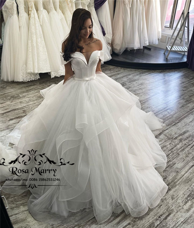Princess Cascading Ruffles Ball Gown Wedding Dresses 2020 Off Shoulder Plus Size Vestido De Novia Puffy Tulle Skirt Bridal Gowns