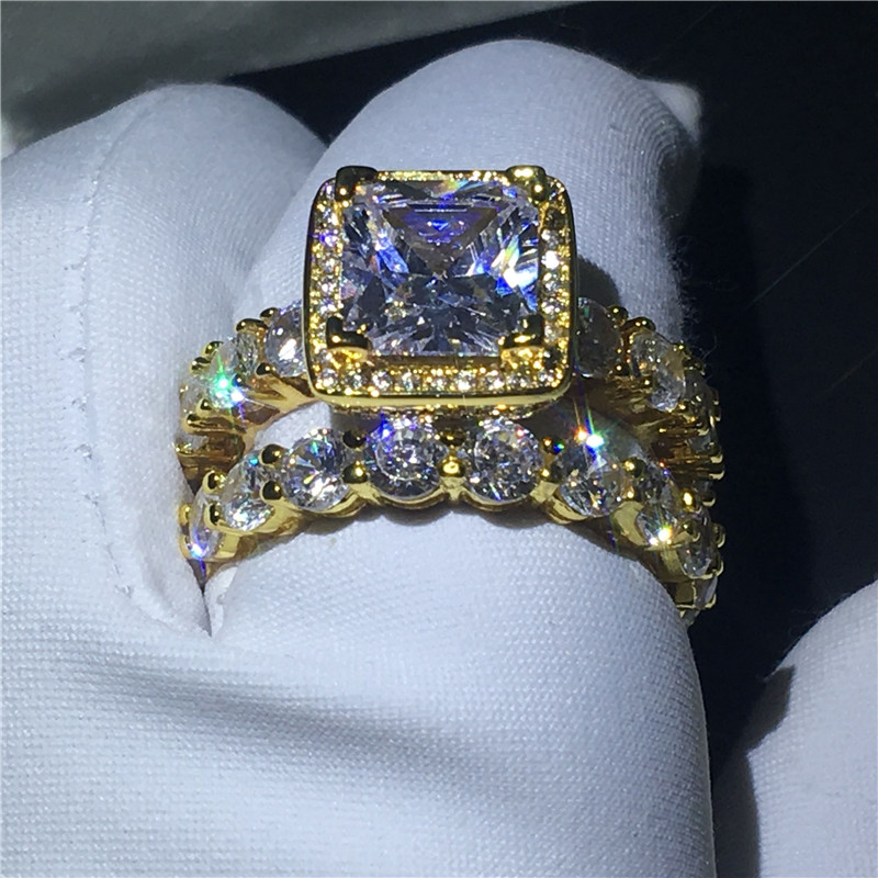 New Hot Sale Luxury Jewelry 925 Sterling Silver&Rose Gold Fill Princess Cut White Topaz CZ Diamond Gemstones Party Women Wedding Bridal Ring