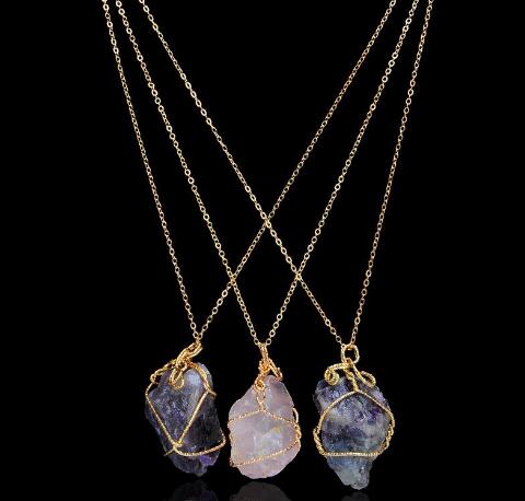Handmade Irregular Amethyst Citrine Wire Wrapped Pendant Necklace Women Natural Stone Crystal Quartz Fluorite Necklaces Jewelry GB1294