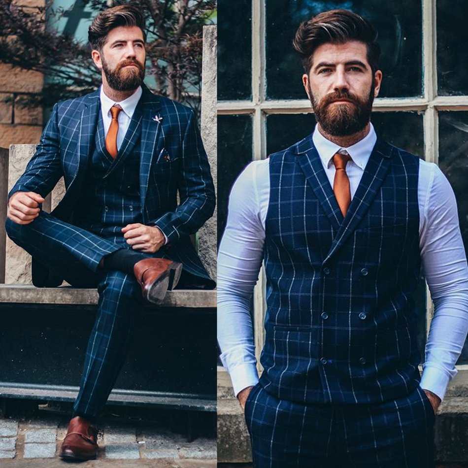 Classic Check Mens Wedding Suits Slim Fit Two Button Notched Lapel Groom Wear Tuxedos Formal Prom Blazer Jacket (Jacket+Vest+Pants)