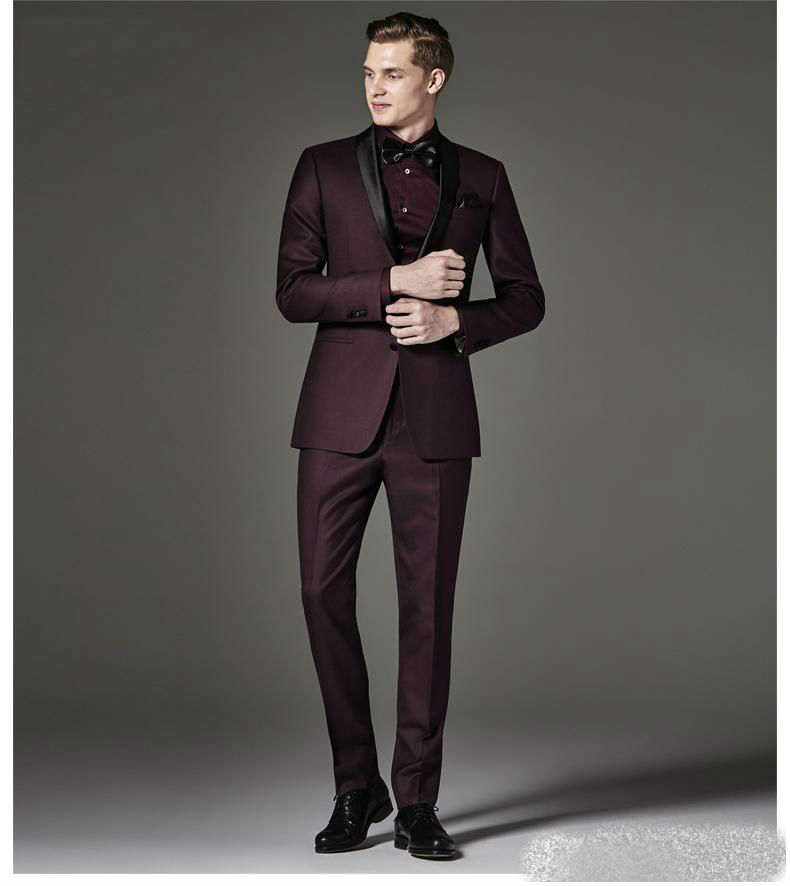 2019 Burgundy Mens Designer Suits Black Peaked Lapel Two Pieces Groom Tuxedos Men's Slim Fit Suits (Jacket+Pants)
