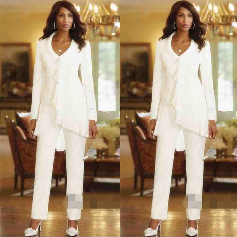 Ivory Long Sleeve Sheath Elegant Mothers Pants Suits Custom Made Ruffles Chiffon Mother of the Bride Dresses
Ivory Long Sleeve Sheath Elegant Mothers Pants Suits Custom Made Ruffles Chiffon Mother of the Bride Dresses