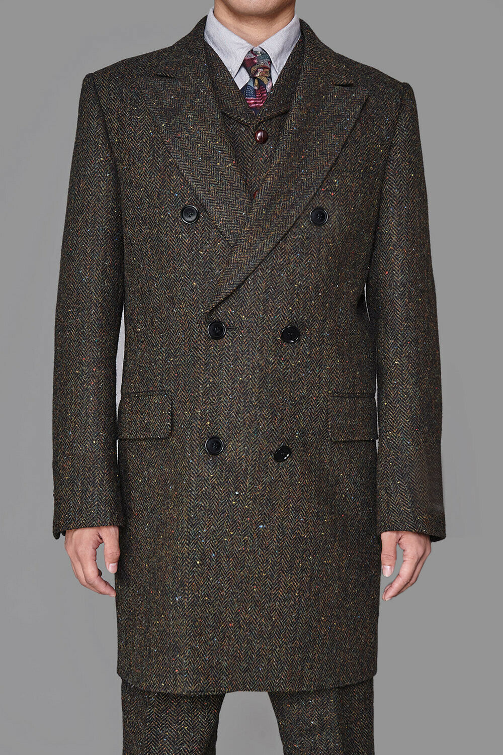Men's Coffee Winter Vintage Long Vested Suits Warm Groom Wear Coat 3 Pieces For Wedding Double Breasted Peak Lapel Blazer(Jacket+Vest+Pants)