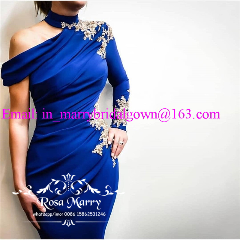 Sexy Royal Blue Mermaid Evening Dresses 2019 High Neck Gold Lace Appliques Long Sleeves Plus Size African Arabic Celebrity Formal Prom Gowns