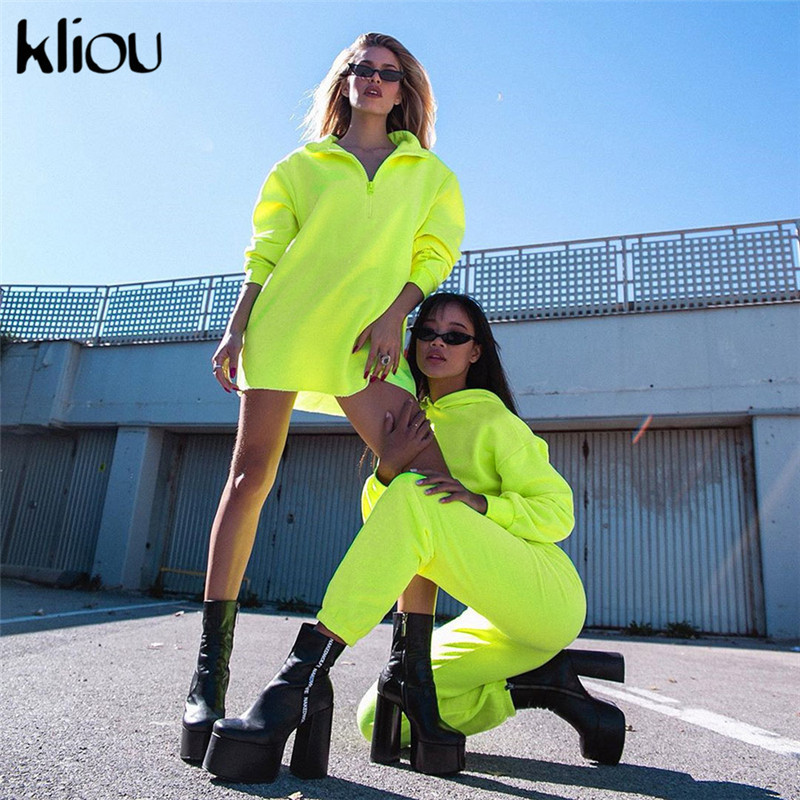 Kliou 2019 New Women Full Sleeve Zipper Fly Turtleneck Loose Sweatshirts Long Length Workout Street Hoodies Casual Pullovers C19041102