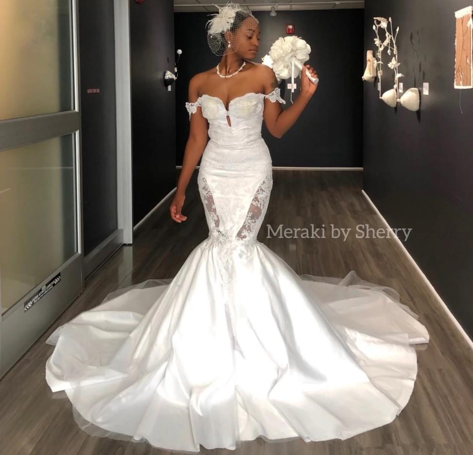 african off shoulder mermaid wedding dresses cutaway side lace appliqued bridal gowns custom made robe de marie
