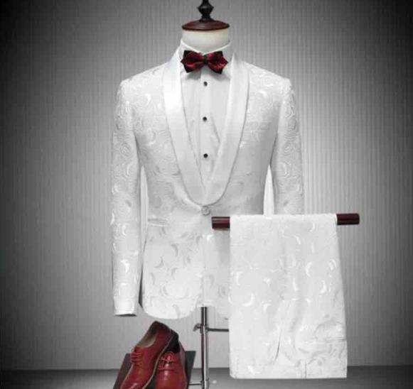 White Groom Tuxedos 2019 Jacquard Wedding Pants Coat Design Best Man Blazer Men Suits Prom Party Dress Suit Custom (Jacket+Pants)