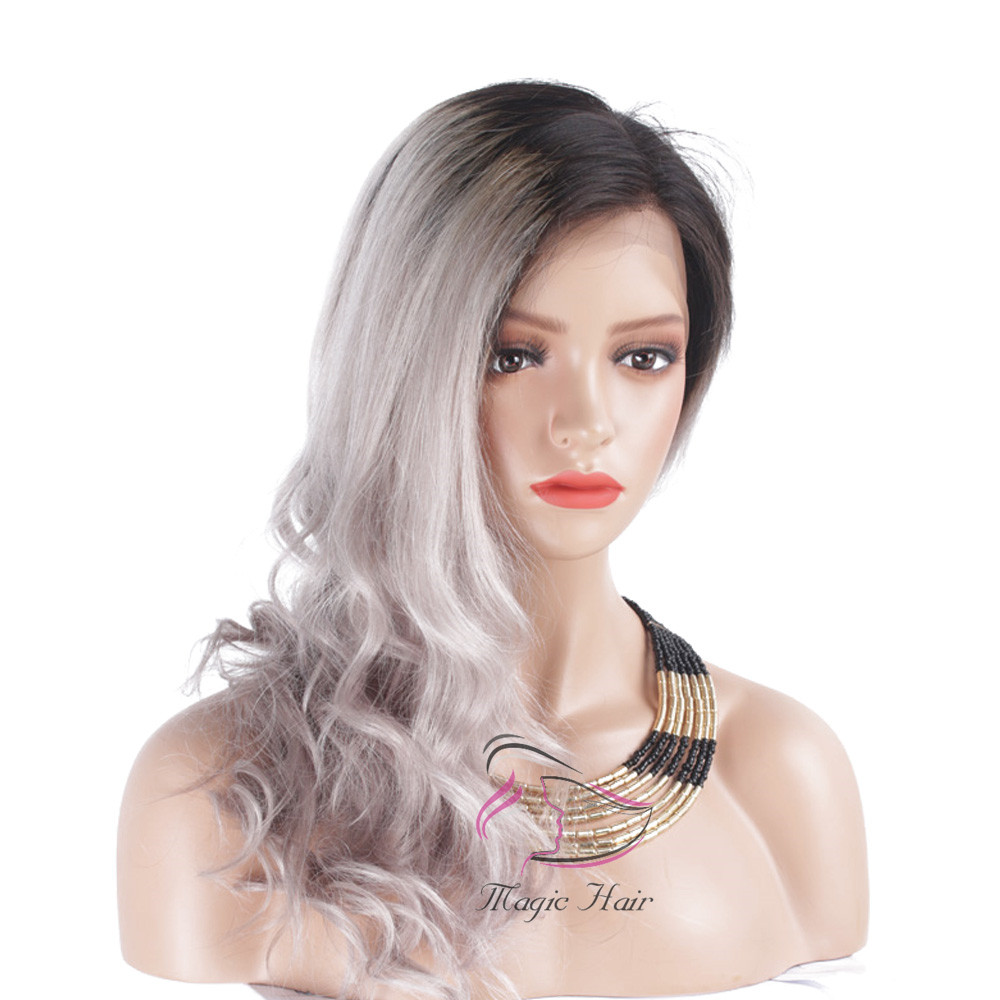 Full Lace Human Hair Wigs Lace Front Human Hair Wig Ombre T1b/grey# Color Wavy Side Part 130% Density Wig