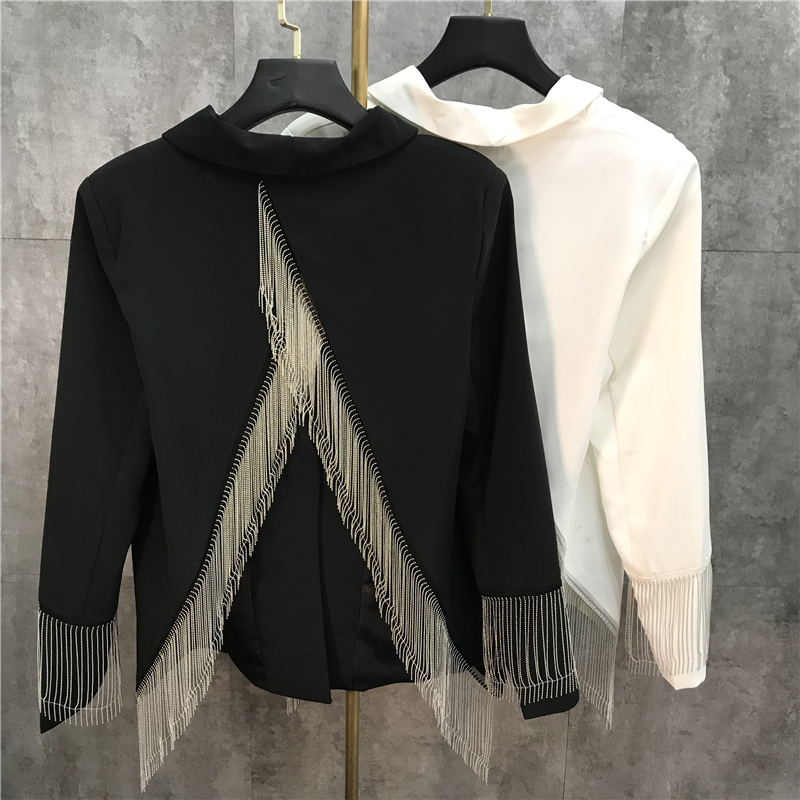 Womens black turn down collar long sleeve beading tassel patchwork back vent jag personality cool fashion blazer suit coat casacos
