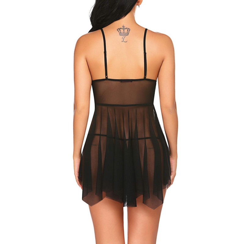 Women Cup-out Lace Bras Sexy Ruffle Mesh Babydoll and G-String Sleepwear Dress Lingerie Chemise with Irregular Hem