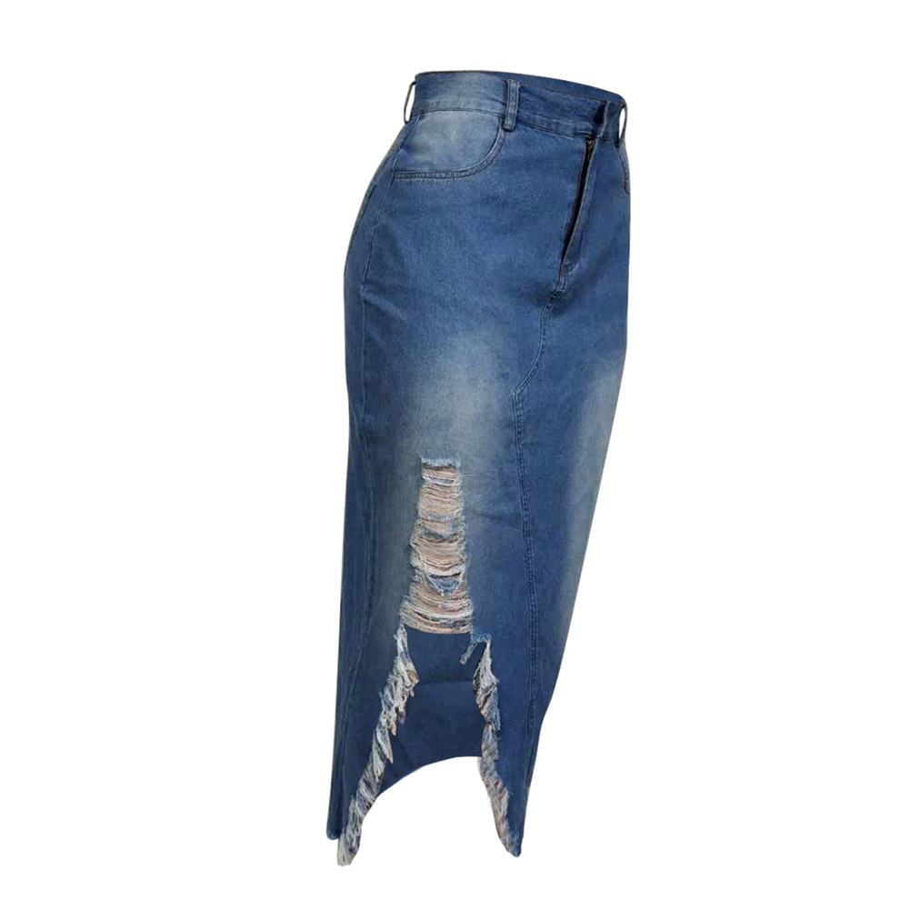 High Waist Large Size Cotton Jeans Women Casual Tassels Washed Denim Skirts Sexy Split Midi Skirt C19041601