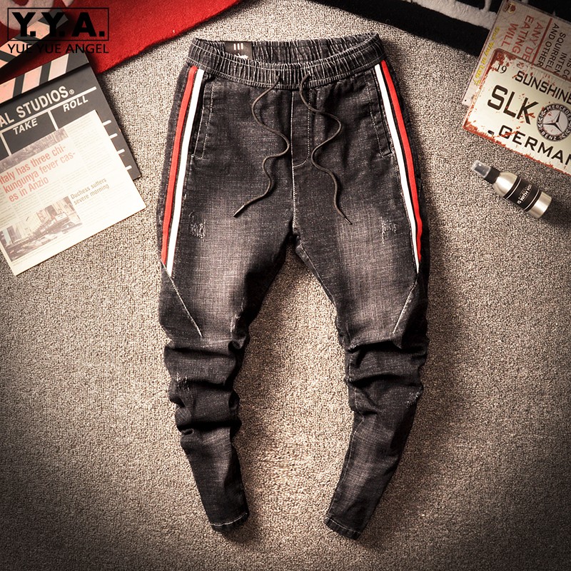 Fashion Mens Elastic Waist Jeans Slim Fit Side Striped Denim Joggers Pencil Pants Autumn Long Trousers Male Casual Harem Pants, As photo