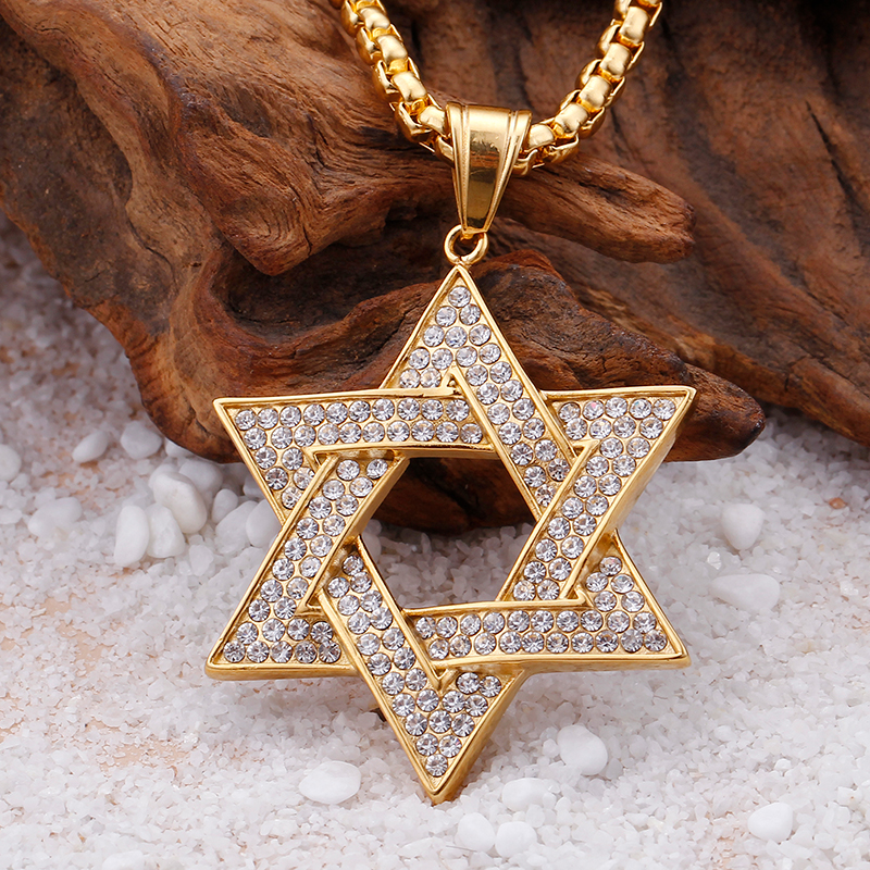Men Hip Hop Six-star Pendants Necklace 316L Stainless Steel Full Cubic Zirconia Setting 18K Gold Plated Jewelry