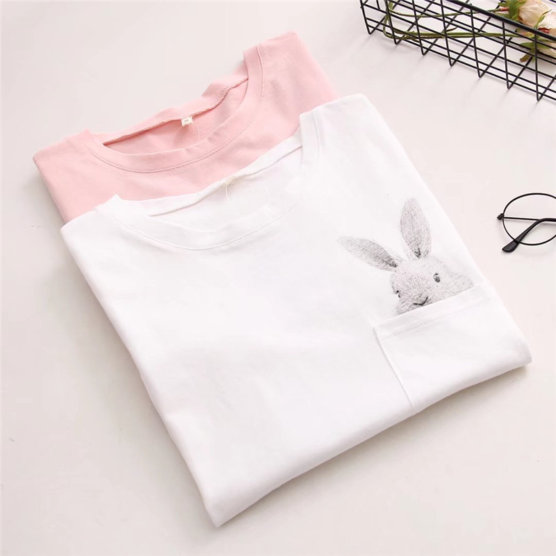 2020 Summer T-shirt Women Lady Top Cotton Female T-shirt Clothing Printed Pocket Rabbit Top Cute T-shirts For Women
