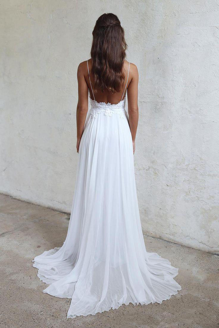 Sexy Spaghetti Straps Beach Wedding Dresses Cheap Long Chiffon Bridal Gowns Backless Lace Appliqued A Line Wedding Gowns