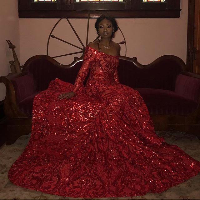 2024 Black Girls New Sexy Arabic Mermaid Prom Dresses Red Sequins Lace Long Sleeves Sequined Backless Party Dress Evening Gowns Vestidos 403 6660311
