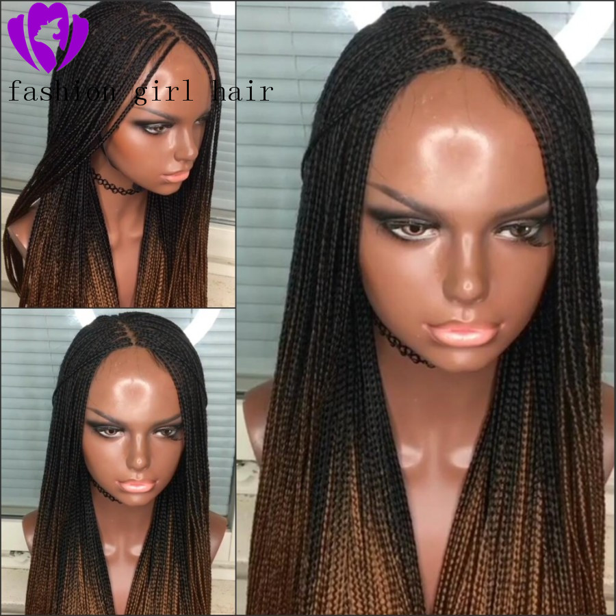 Long Ombre Brown braiding Hair Synthetic Lace Front Wig Two Tone Dark Brown box Braids Wigs For black Women Glueless Lace Wig