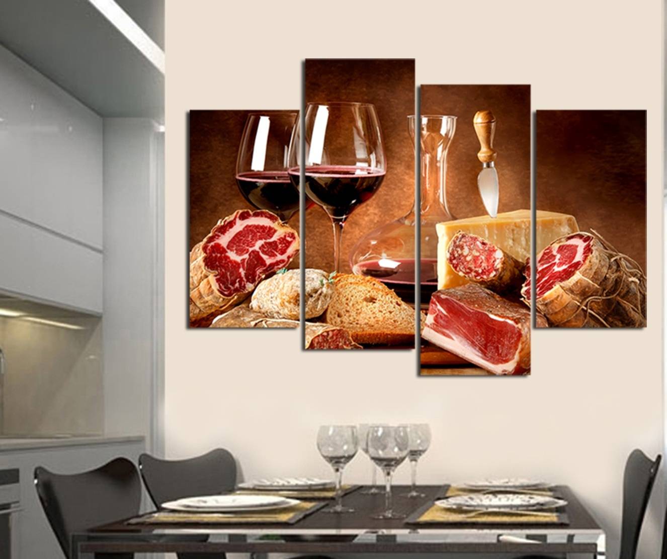 4pcs/set Unframed HD Print On Canvas Wall Art Picture For Home and Living Room Decor Red Wine and Meat