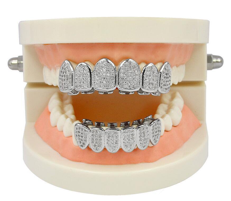 Ice Out Teeth Grillz For Men Bling Bling Cubic Zirconia Hiphop Jewelry 18K Gold Plated Halloween Vampire Grillz Free Ship