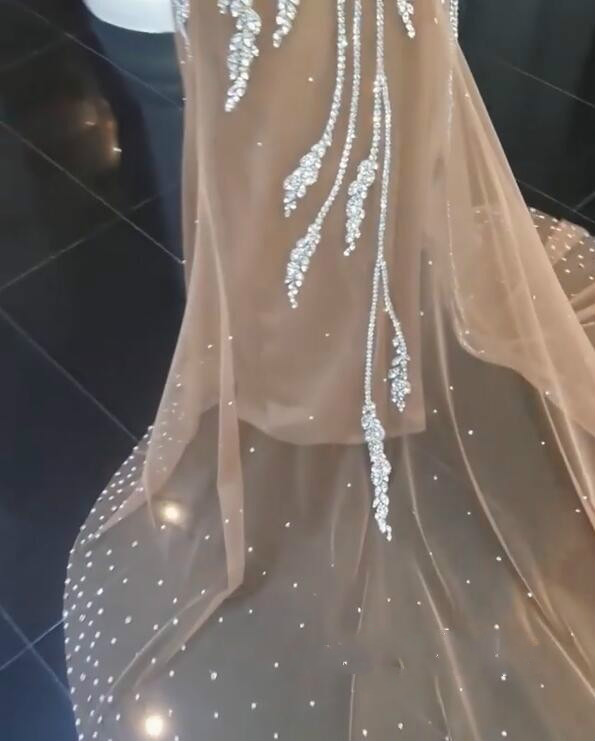 Champagne Plus Size Dresses V Neck Crystal Beads Sweep Train Sexy Backless Gorgeous Mermaid Wedding Dress Country Bridal Gowns