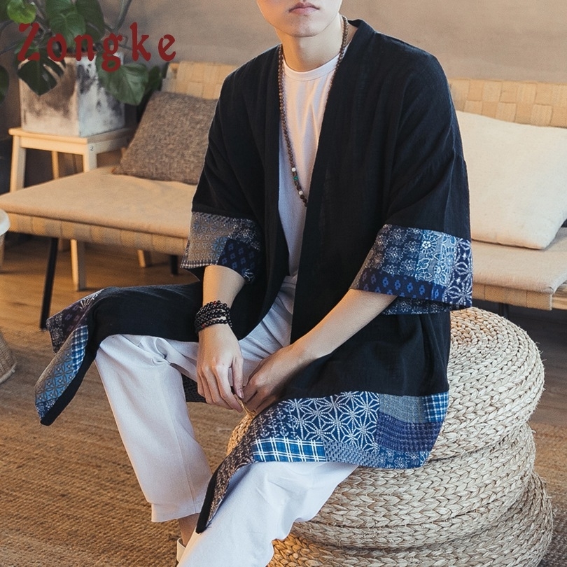 Zongke Chinese Kimono Cardigan Men Open Stitch Traditional Mens Kimono Cardigan Plus Size Long Kimono Jacket Men Summer LY191206