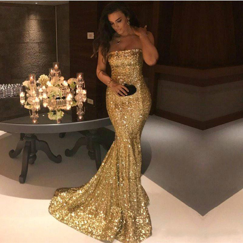 Sexy Strapless Gold Mermaid Prom Dresses New Arrival Silver Sparkly Sequined Long Formal Evening Gowns Vintage Party Wear
Sexy Strapless Gold Mermaid Prom Dresses New Arrival Silver Sparkly Sequined Long Formal Evening Gowns Vintage Party Wear