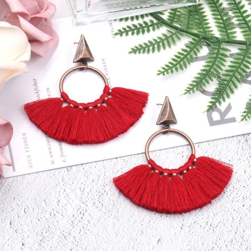 Fringed round earrings bohemian fan pendant earrings fashion creative earrings female handmade fan-shaped women's daily wear, party