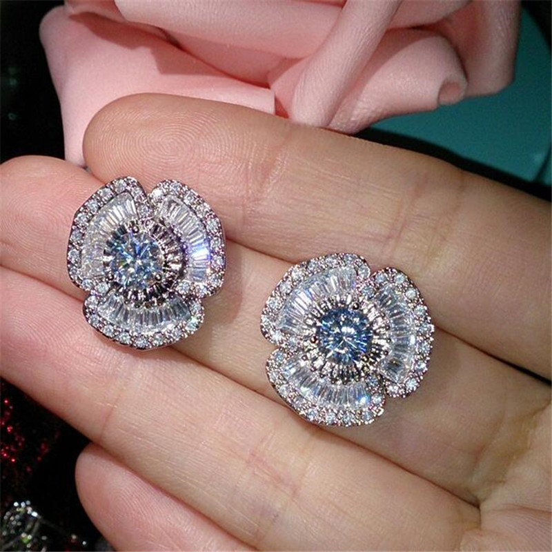 Sterg Sier Princess Cut White Topaz wer Stud Earrings for Women