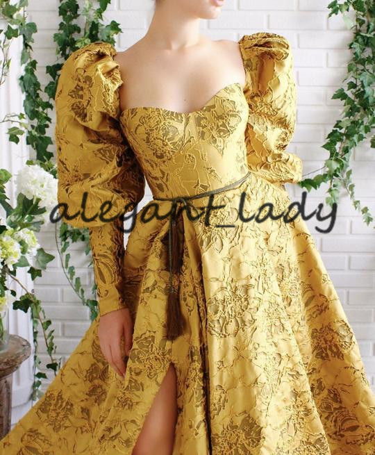 Dubai Arabian Golden Lace Evening Dress 2020 Sweetheart Puffy Long Sleeve Low Back High Slit Arabic Prom Formal Dress abendkleider