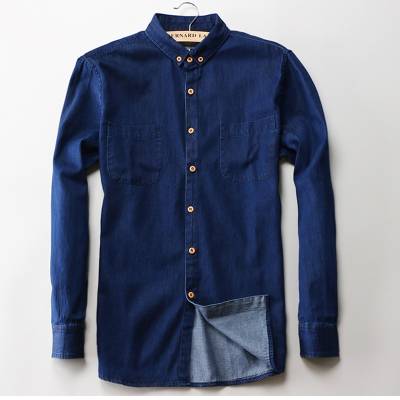 Two Front Pockets Spring Autumn Men Denim Shirt Long Sleeve Soft 100% Cotton Slim Jeans Cowboy Slim Shirt 4XL
