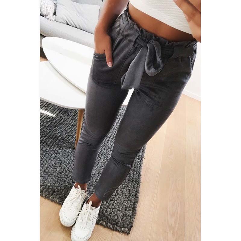 2018 Autumn Winter Suede Pants Women Ladies Casual High Waist Trousers For Women Trouser Female Fashion Leather Pencil Pants