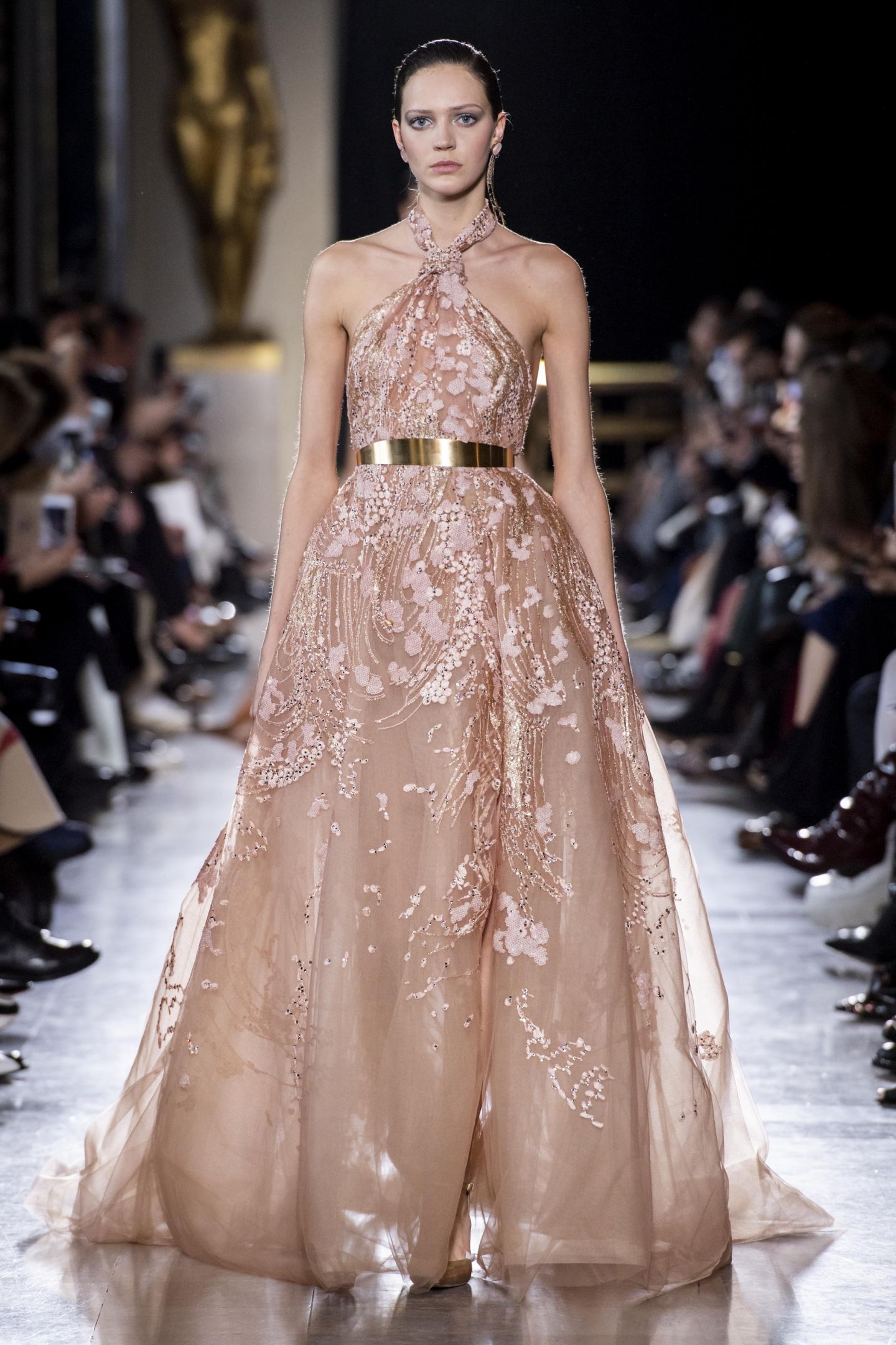 Elie Saab 2020 Evening Dresses Halter Lace Appliques Sexy Backless A Line Prom Dress Designer Sweep Train Custom Made Formal Gowns