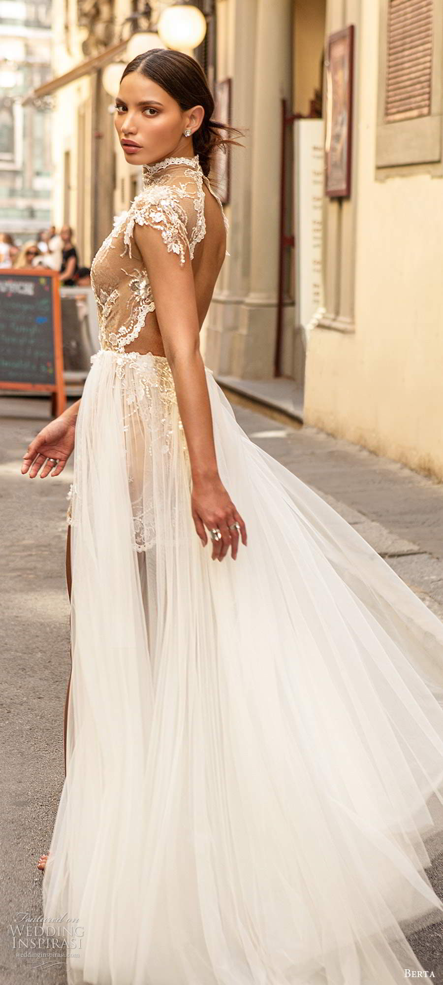 2020 Berta Wedding Dresses High Neck Appliqued Sequined High Split Lace Bridal Gown Sexy See Through Custome Made Robes De Mariée