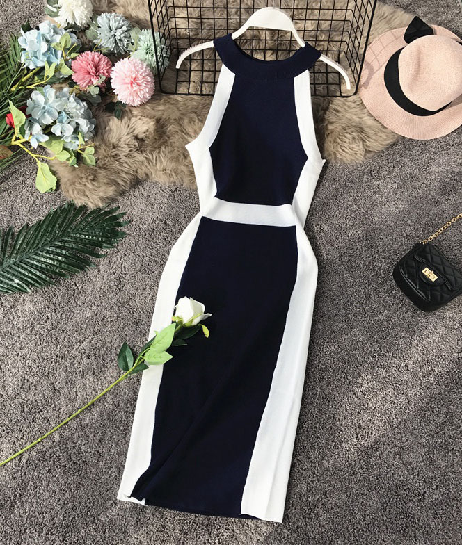 New design women's fashion retro o-neck halter neck sleeveless knitted color block pencil bodycon knee length dress, Black;gray
New design women's fashion retro o-neck halter neck sleeveless knitted color block pencil bodycon knee length dress, Black;gray