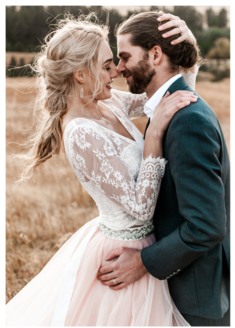 Modest Lace Boho Wedding Dresses A Line Long Sleeves Beach Bridal Gowns V Neck Tulle Sweep Train Bohemian Vestido De Novia 407