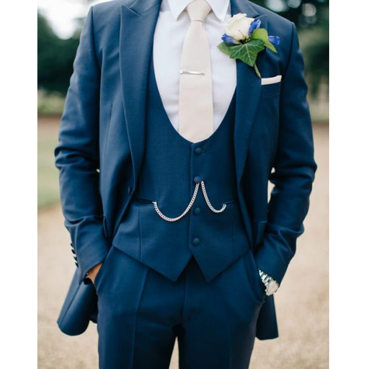 Best Men Wedding Tuxedos Navy Three Piece Groom Suit With Round Cut Vest Formal Custom Made Pant Suit
