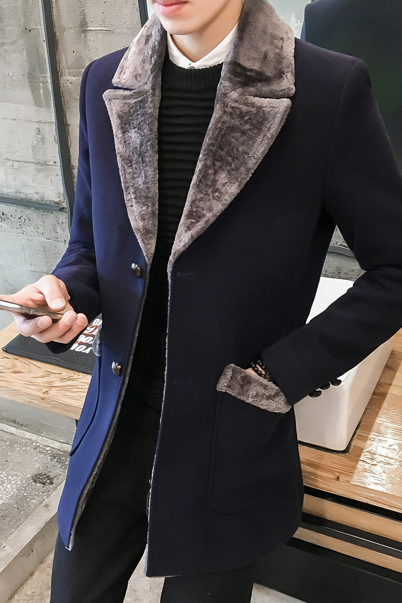 Fur Collar Trench Coat Men Wool Blend Winter Coat Slim Fit Men Manteau Homme Mid-Long Black Grey Mens Trench Coat Blue S~5XL CJ191212